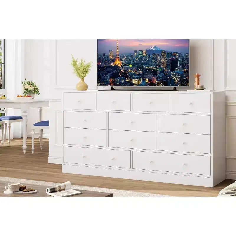 12 Drawer Dresser with Power Outlets, 61" Wooden Storage Chest Organizer for Bedroom, Living Room, Hallway
