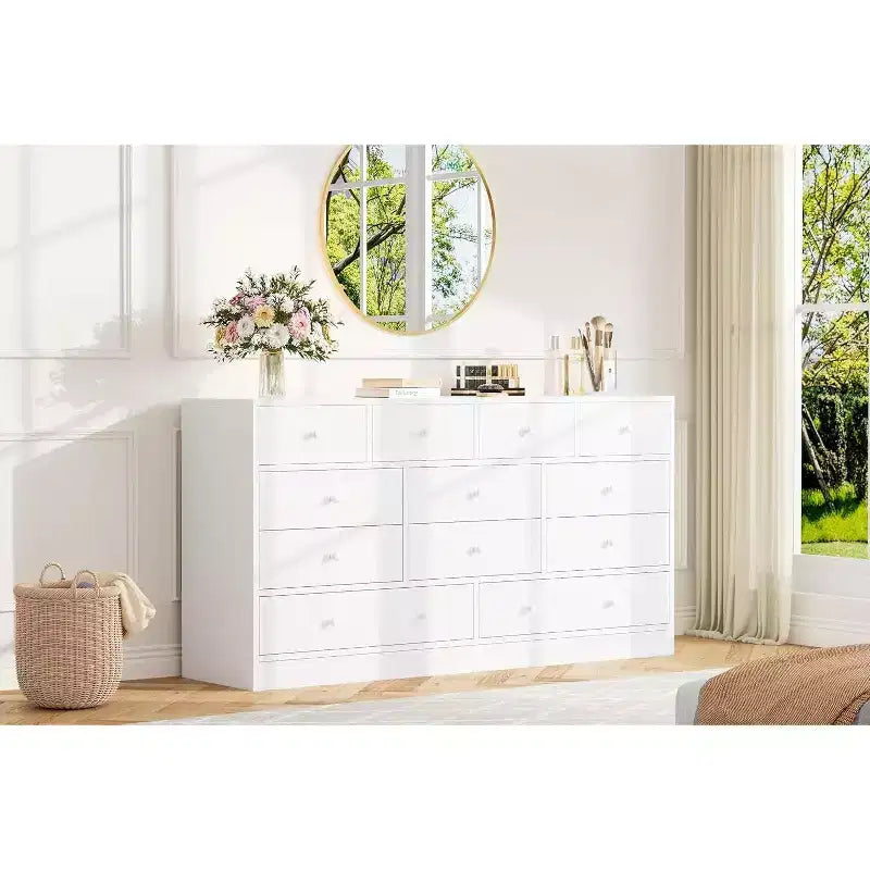 12 Drawer Dresser with Power Outlets, 61" Wooden Storage Chest Organizer for Bedroom, Living Room, Hallway