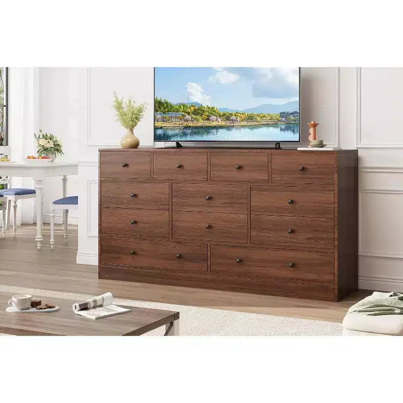 12 Drawer Dresser with Power Outlets, 61" Wooden Storage Chest Organizer for Bedroom, Living Room, Hallway