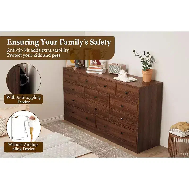 12 Drawer Dresser with Power Outlets, 61" Wooden Storage Chest Organizer for Bedroom, Living Room, Hallway