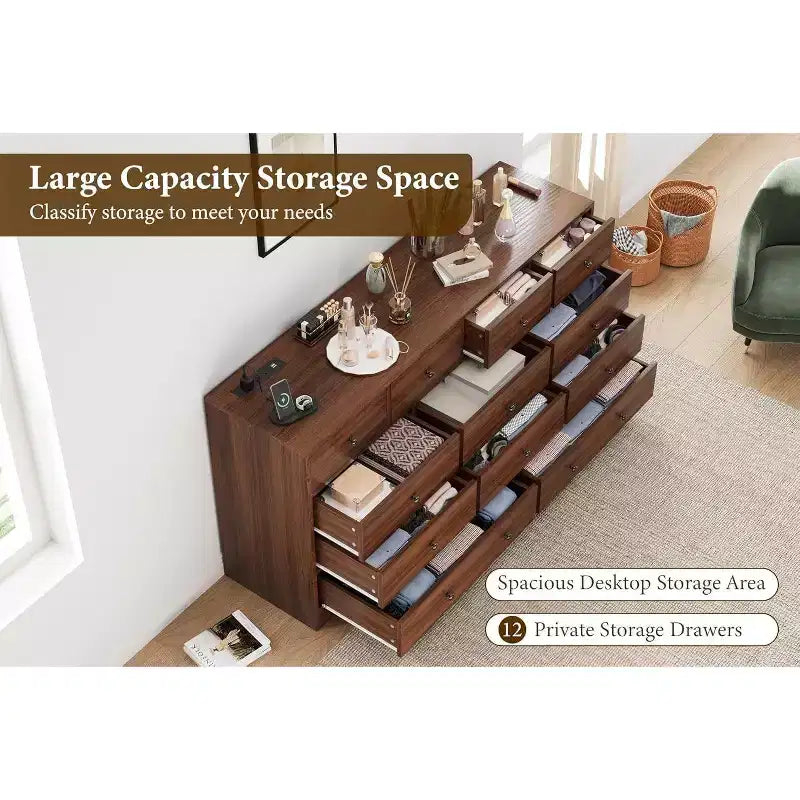 12 Drawer Dresser with Power Outlets, 61" Wooden Storage Chest Organizer for Bedroom, Living Room, Hallway