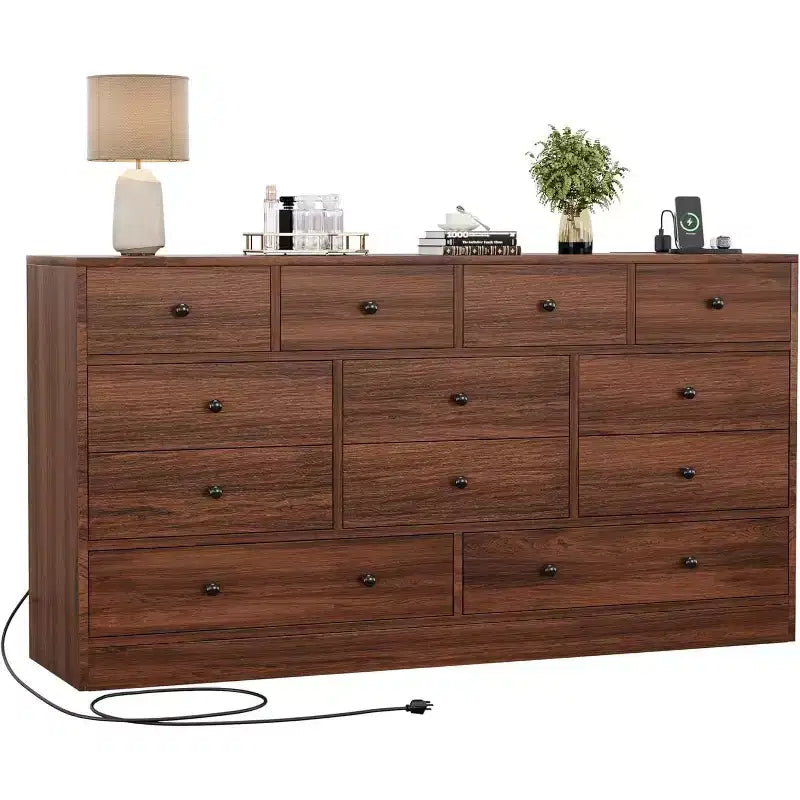 12 Drawer Dresser with Power Outlets, 61" Wooden Storage Chest Organizer for Bedroom, Living Room, Hallway
