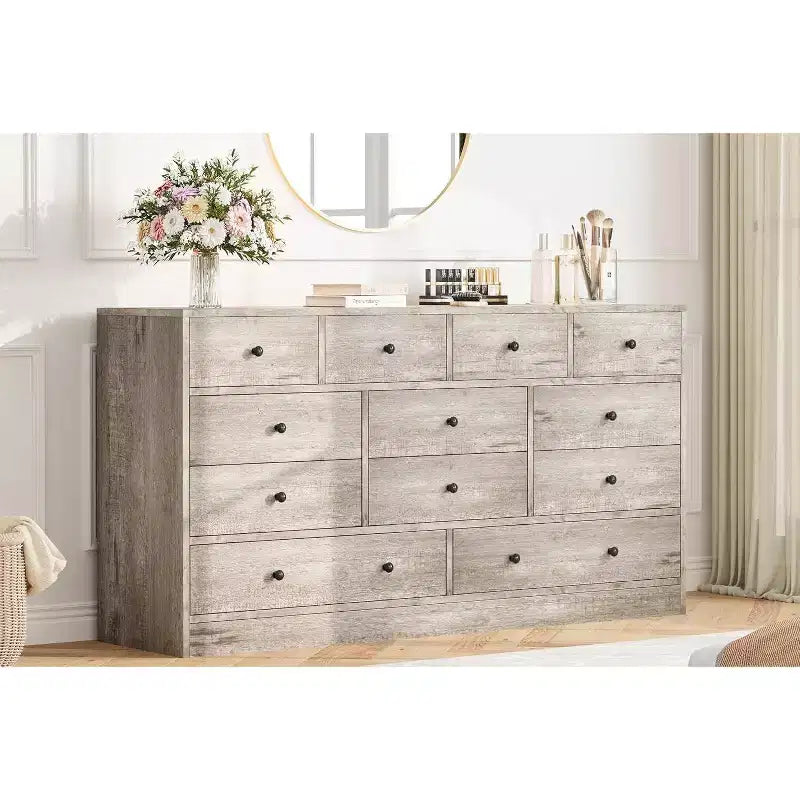 12 Drawer Dresser with Power Outlets, 61" Wooden Storage Chest Organizer for Bedroom, Living Room, Hallway