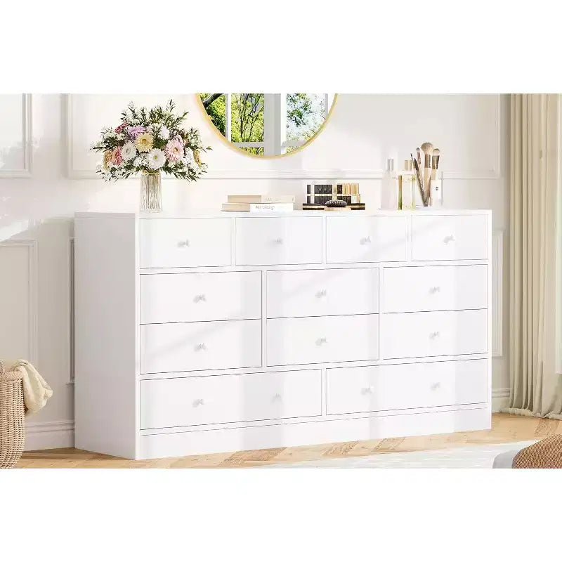 12 Drawer Dresser with Power Outlets, 61" Wooden Storage Chest Organizer for Bedroom, Living Room, Hallway