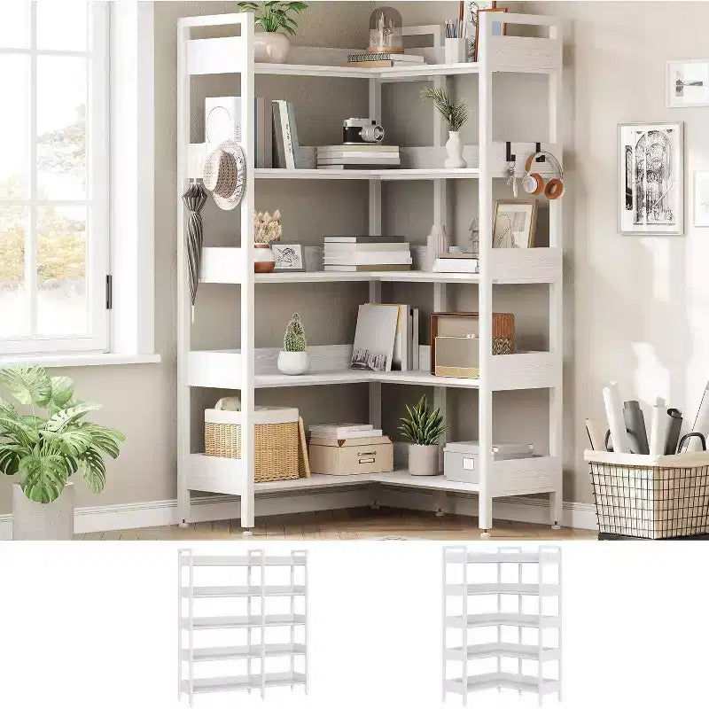 Sturdy 5-Tier Corner Bookshelf with Metal Frame, Convertible Feature, and 4 HooksBuilt for Longevity in Living Room, Bedroom, or Home Office