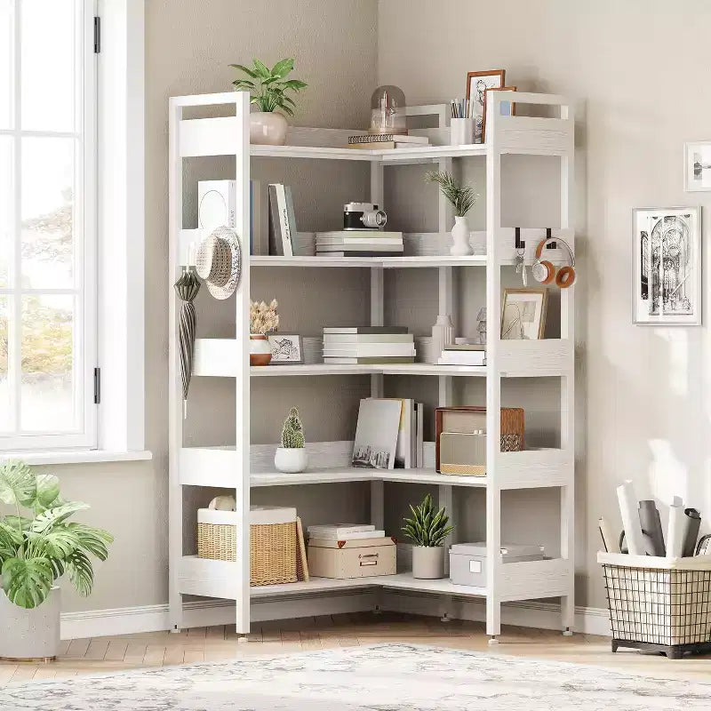 Sturdy 5-Tier Corner Bookshelf with Metal Frame, Convertible Feature, and 4 HooksBuilt for Longevity in Living Room, Bedroom, or Home Office