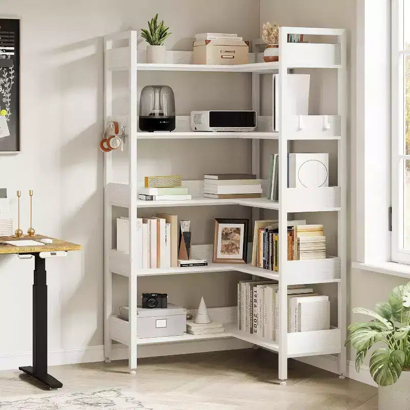 Sturdy 5-Tier Corner Bookshelf with Metal Frame, Convertible Feature, and 4 HooksBuilt for Longevity in Living Room, Bedroom, or Home Office