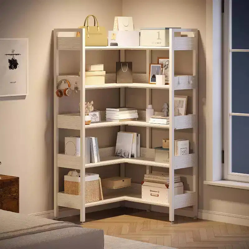 Sturdy 5-Tier Corner Bookshelf with Metal Frame, Convertible Feature, and 4 HooksBuilt for Longevity in Living Room, Bedroom, or Home Office