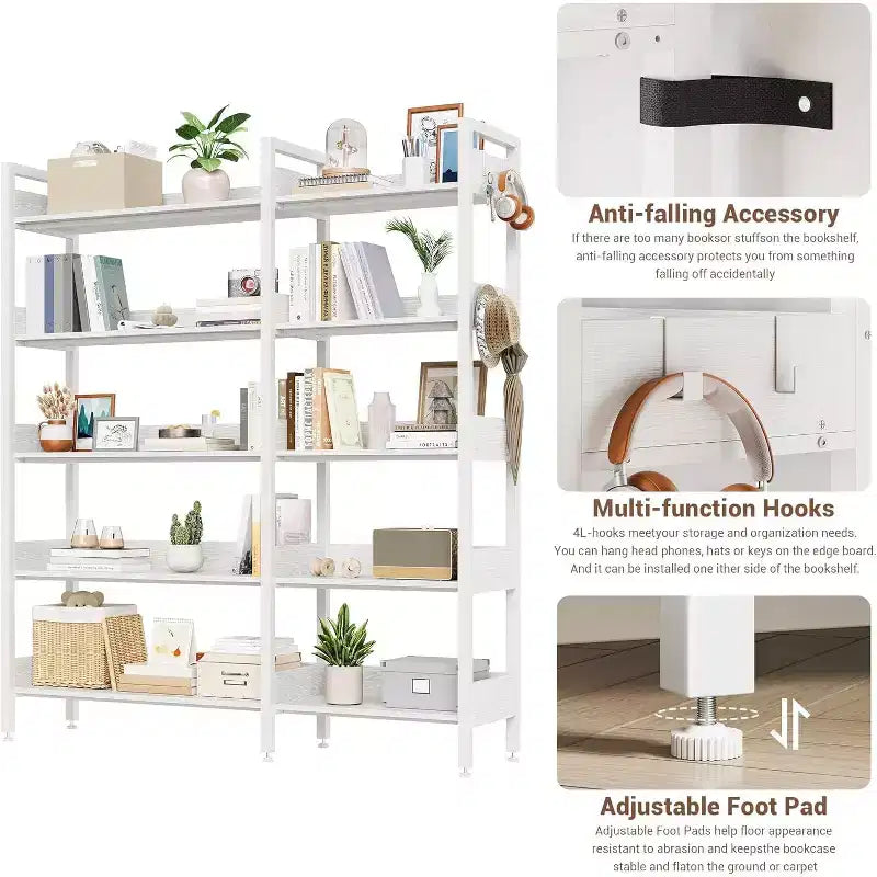 Sturdy 5-Tier Corner Bookshelf with Metal Frame, Convertible Feature, and 4 HooksBuilt for Longevity in Living Room, Bedroom, or Home Office
