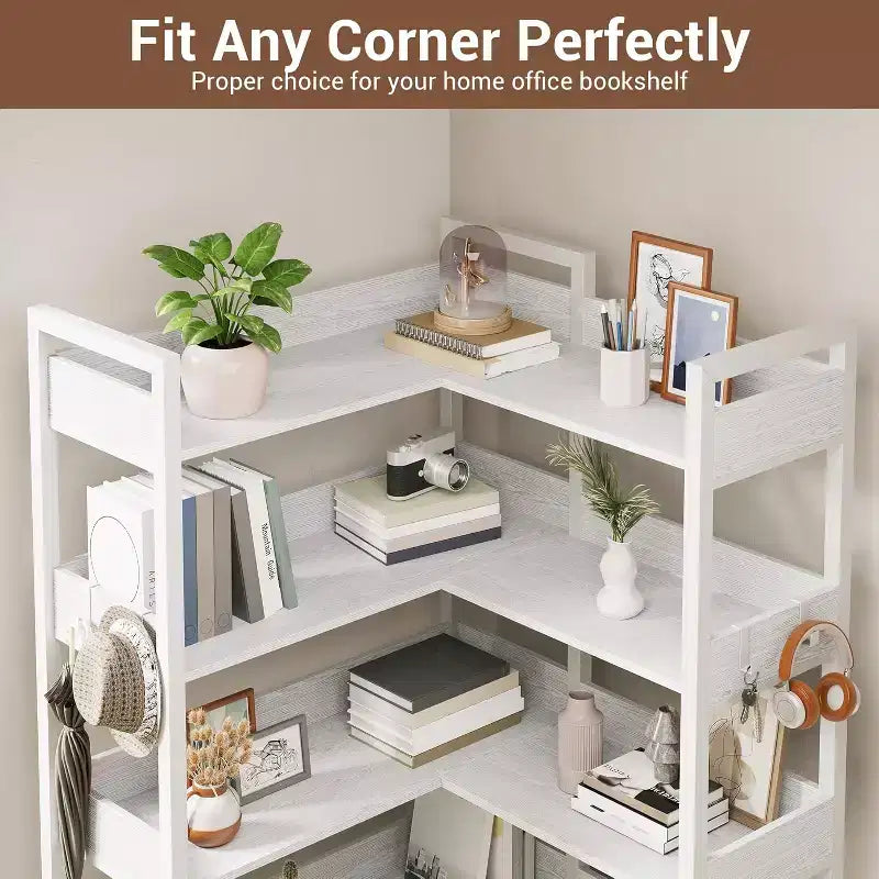 Sturdy 5-Tier Corner Bookshelf with Metal Frame, Convertible Feature, and 4 HooksBuilt for Longevity in Living Room, Bedroom, or Home Office