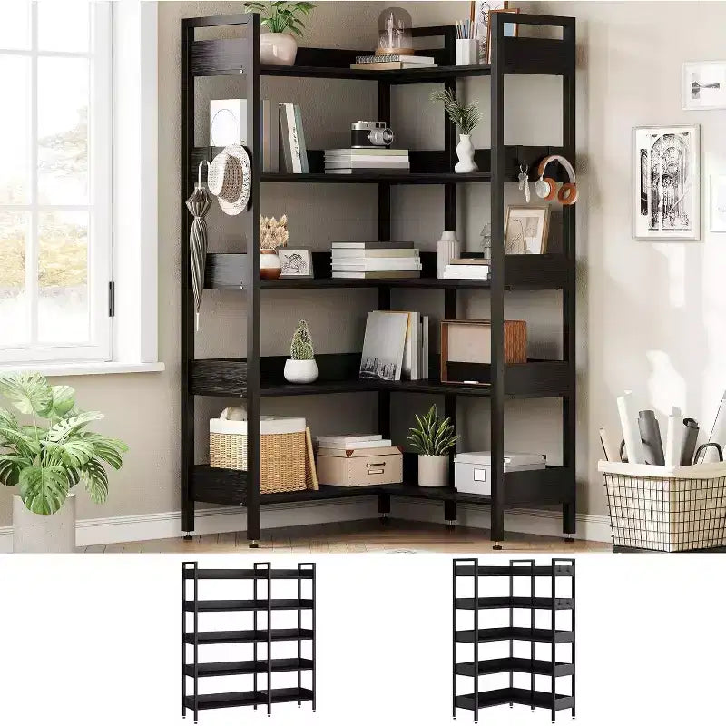 Sturdy 5-Tier Corner Bookshelf with Metal Frame, Convertible Feature, and 4 HooksBuilt for Longevity in Living Room, Bedroom, or Home Office