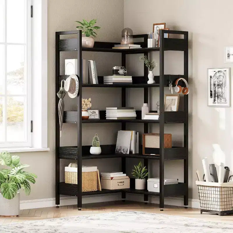 Sturdy 5-Tier Corner Bookshelf with Metal Frame, Convertible Feature, and 4 HooksBuilt for Longevity in Living Room, Bedroom, or Home Office