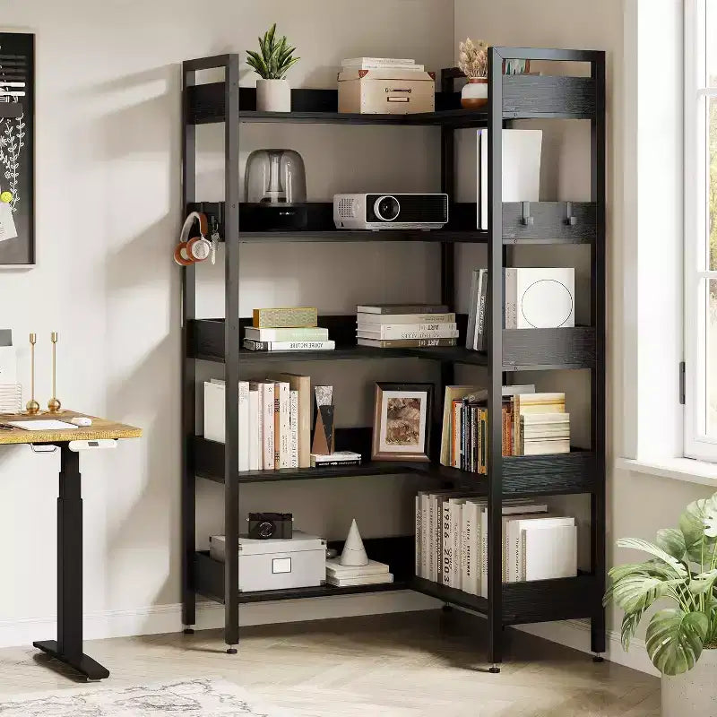 Sturdy 5-Tier Corner Bookshelf with Metal Frame, Convertible Feature, and 4 HooksBuilt for Longevity in Living Room, Bedroom, or Home Office