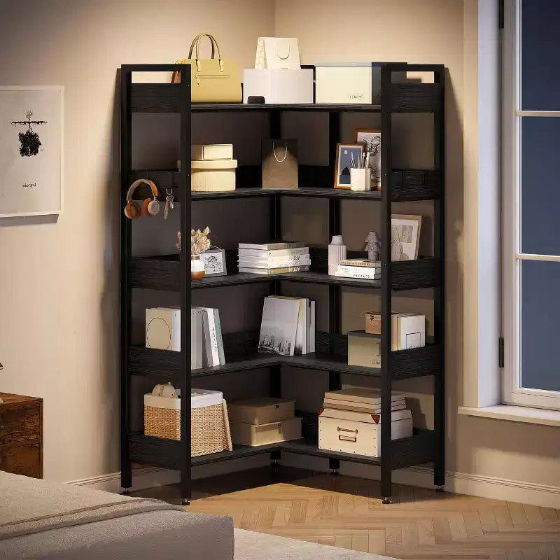 Sturdy 5-Tier Corner Bookshelf with Metal Frame, Convertible Feature, and 4 HooksBuilt for Longevity in Living Room, Bedroom, or Home Office