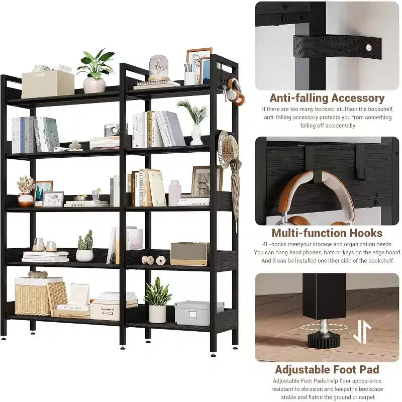 Sturdy 5-Tier Corner Bookshelf with Metal Frame, Convertible Feature, and 4 HooksBuilt for Longevity in Living Room, Bedroom, or Home Office