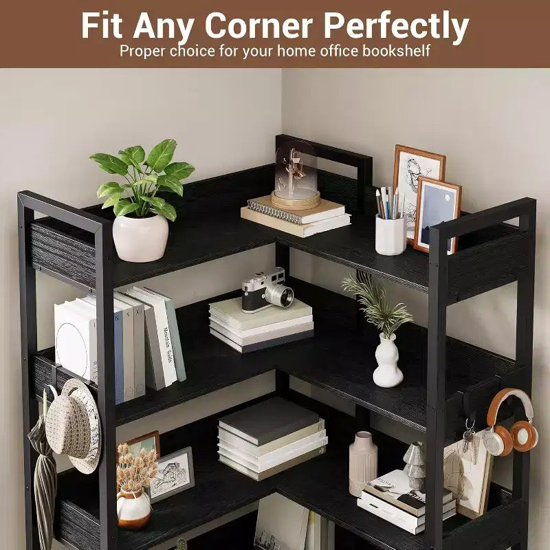 Sturdy 5-Tier Corner Bookshelf with Metal Frame, Convertible Feature, and 4 HooksBuilt for Longevity in Living Room, Bedroom, or Home Office