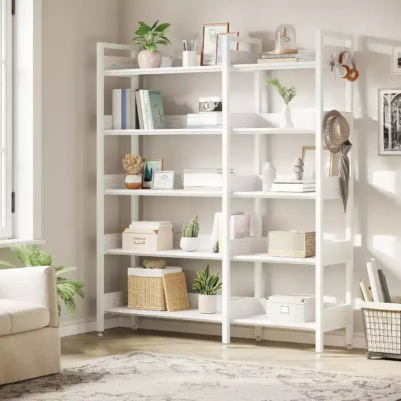 Sturdy 5-Tier Corner Bookshelf with Metal Frame, Convertible Feature, and 4 HooksBuilt for Longevity in Living Room, Bedroom, or Home Office