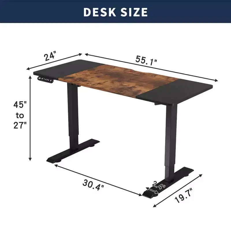 Double Beam Single Motor 55" Electric Standing Desk, Height Adjustable for Home and Office, Black and Brown
