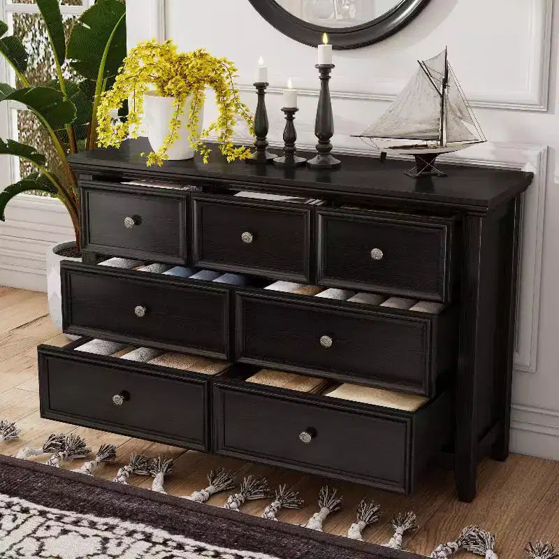 Black Dresser, Modern Dresser for Bedroom, 7 Chest Drawer Nightstand, Large Capacity Wood Cabinet for Bedroom, Living Room, Closets, Hallway
