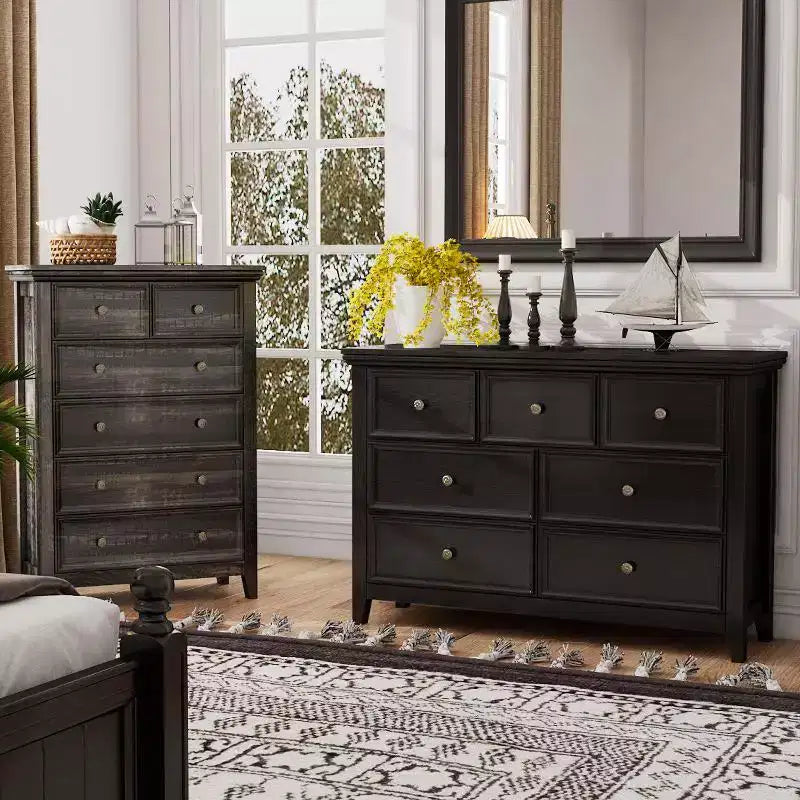 Black Dresser, Modern Dresser for Bedroom, 7 Chest Drawer Nightstand, Large Capacity Wood Cabinet for Bedroom, Living Room, Closets, Hallway