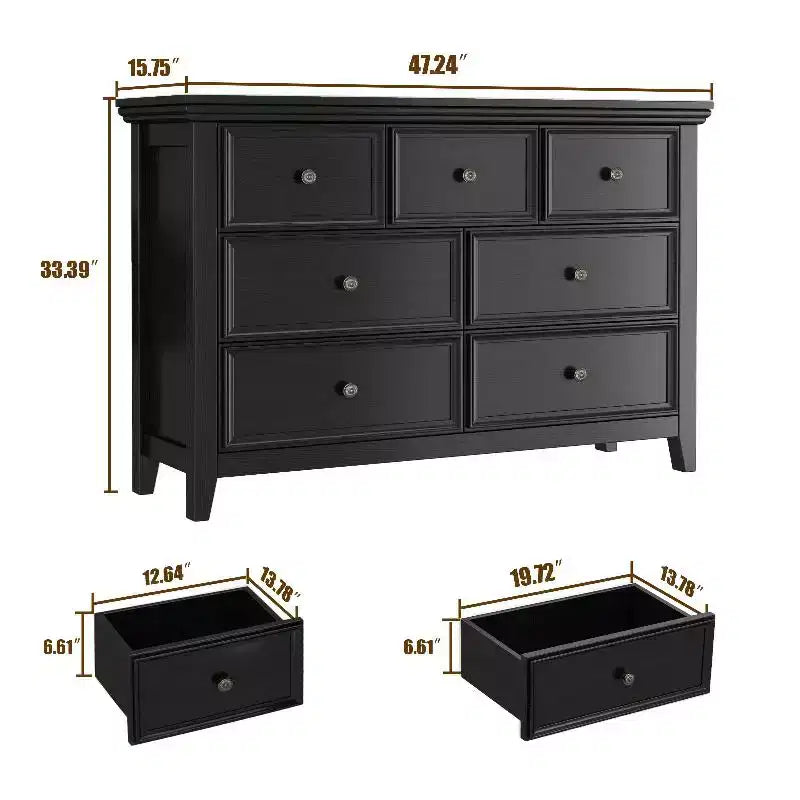 Black Dresser, Modern Dresser for Bedroom, 7 Chest Drawer Nightstand, Large Capacity Wood Cabinet for Bedroom, Living Room, Closets, Hallway