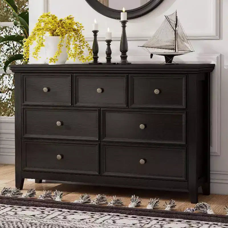 Black Dresser, Modern Dresser for Bedroom, 7 Chest Drawer Nightstand, Large Capacity Wood Cabinet for Bedroom, Living Room, Closets, Hallway