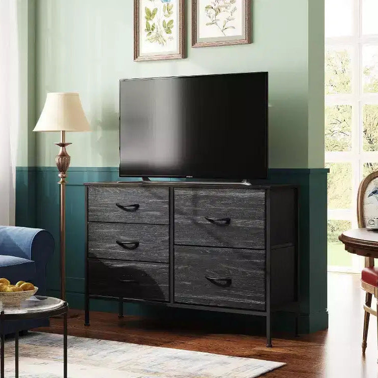 5-Drawer Dresser for Bedroom, Wide Storage Tower with Wood Top & Fabric Drawers, Modern Chest Organizer for Living Room, Bedroom, Entryway