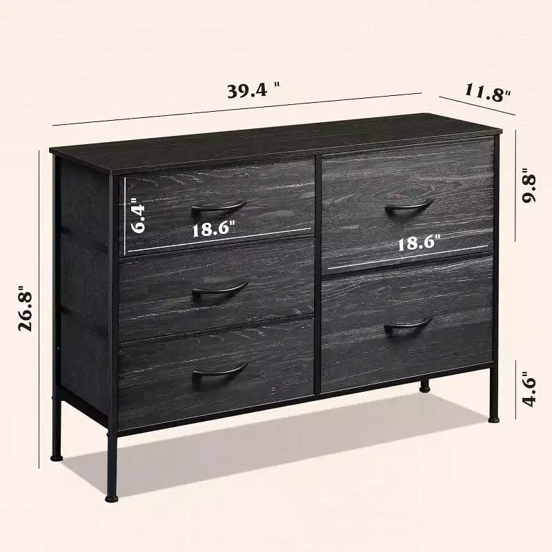 5-Drawer Dresser for Bedroom, Wide Storage Tower with Wood Top & Fabric Drawers, Modern Chest Organizer for Living Room, Bedroom, Entryway