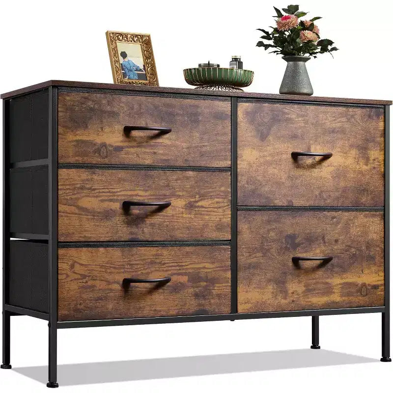 5-Drawer Dresser for Bedroom, Wide Storage Tower with Wood Top & Fabric Drawers, Modern Chest Organizer for Living Room, Bedroom, Entryway