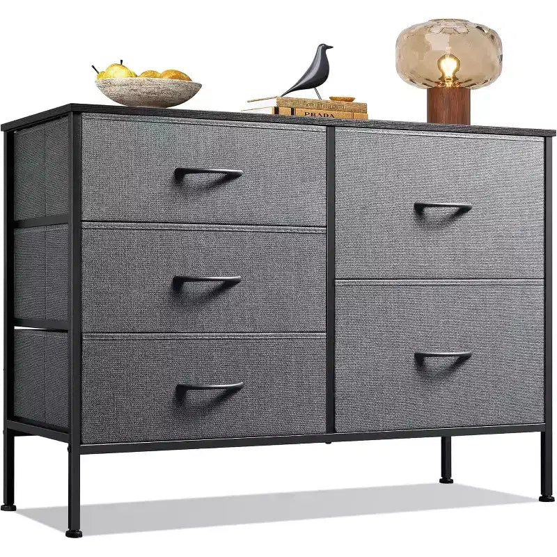 5-Drawer Dresser for Bedroom, Wide Storage Tower with Wood Top & Fabric Drawers, Modern Chest Organizer for Living Room, Bedroom, Entryway