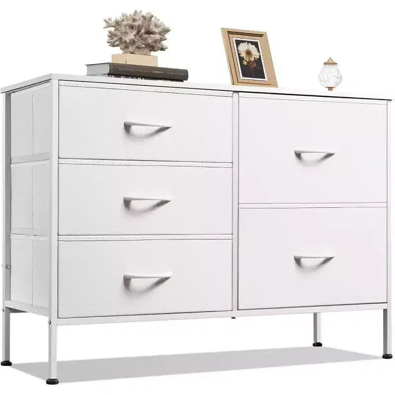 5-Drawer Dresser for Bedroom, Wide Storage Tower with Wood Top & Fabric Drawers, Modern Chest Organizer for Living Room, Bedroom, Entryway