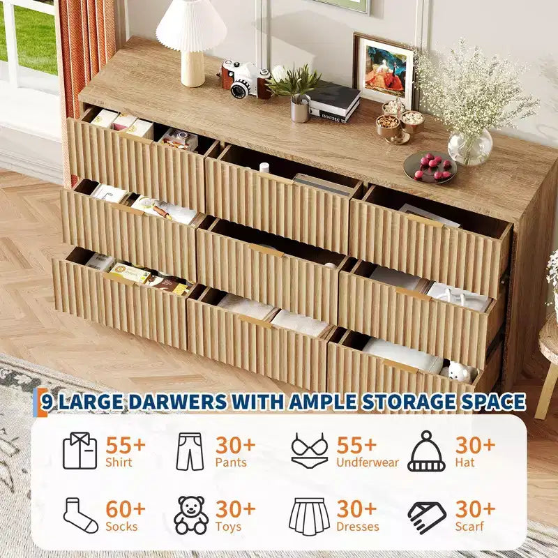 63 Wide 9-Drawer Low-Boy Dresser, Waterproof Wood-Grain Top, Smooth Metal Rails, 75 lb TV Stand, Stable Base, Easy-Clean Handles for Home & Bedroom