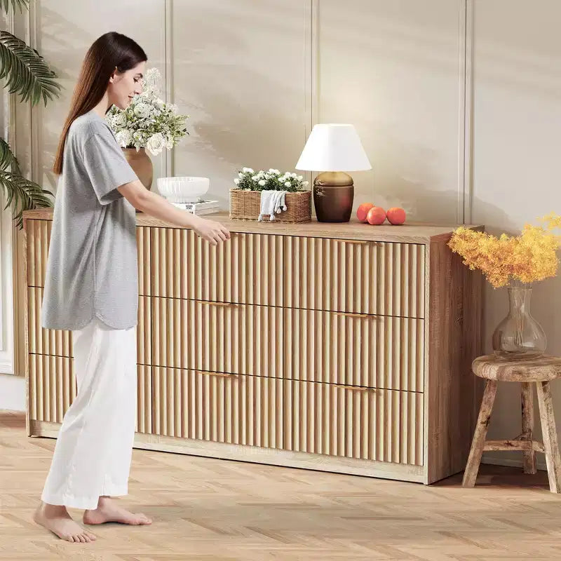 63 Wide 9-Drawer Low-Boy Dresser, Waterproof Wood-Grain Top, Smooth Metal Rails, 75 lb TV Stand, Stable Base, Easy-Clean Handles for Home & Bedroom
