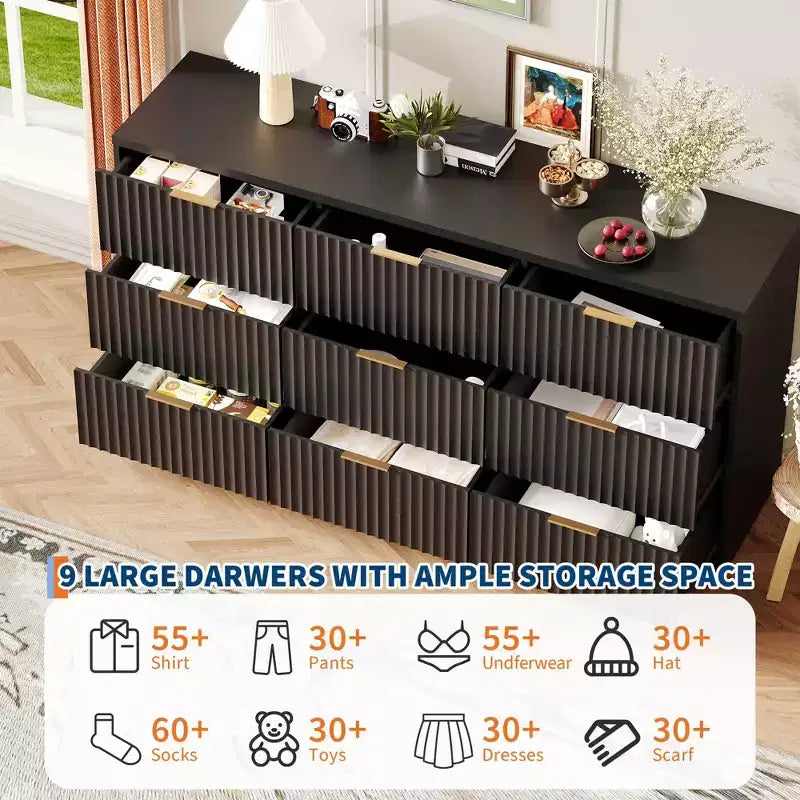 63 Wide 9-Drawer Low-Boy Dresser, Waterproof Wood-Grain Top, Smooth Metal Rails, 75 lb TV Stand, Stable Base, Easy-Clean Handles for Home & Bedroom