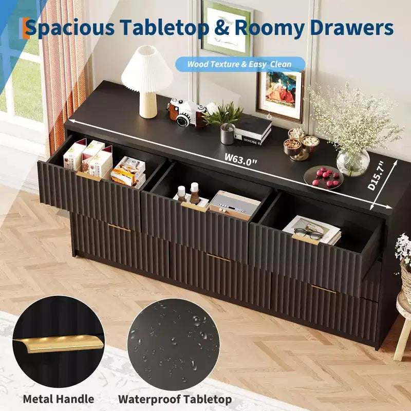 63 Wide 9-Drawer Low-Boy Dresser, Waterproof Wood-Grain Top, Smooth Metal Rails, 75 lb TV Stand, Stable Base, Easy-Clean Handles for Home & Bedroom