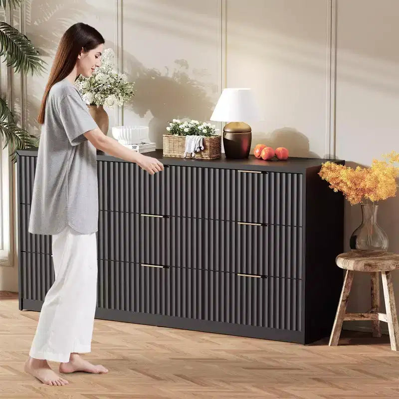 63 Wide 9-Drawer Low-Boy Dresser, Waterproof Wood-Grain Top, Smooth Metal Rails, 75 lb TV Stand, Stable Base, Easy-Clean Handles for Home & Bedroom