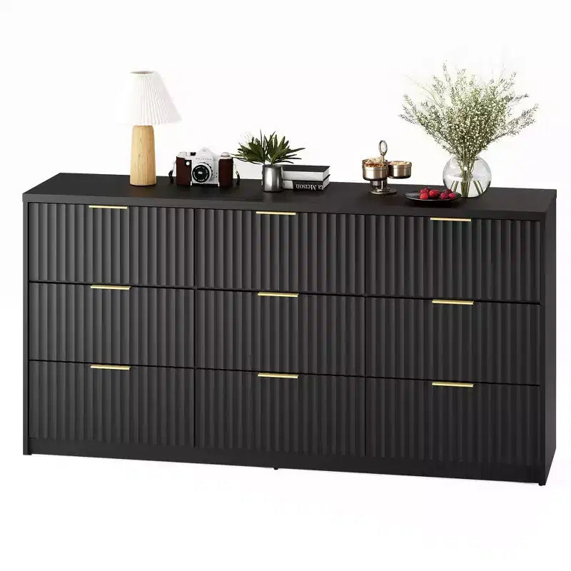 63 Wide 9-Drawer Low-Boy Dresser, Waterproof Wood-Grain Top, Smooth Metal Rails, 75 lb TV Stand, Stable Base, Easy-Clean Handles for Home & Bedroom