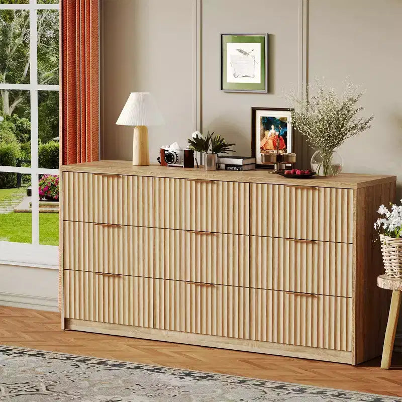 63 Wide 9-Drawer Low-Boy Dresser, Waterproof Wood-Grain Top, Smooth Metal Rails, 75 lb TV Stand, Stable Base, Easy-Clean Handles for Home & Bedroom