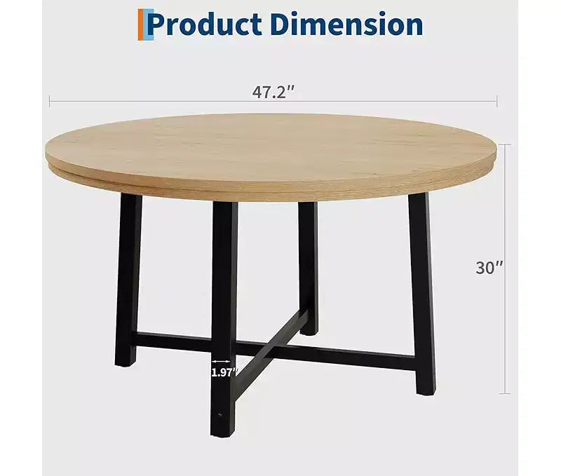 Round Dining Table for 4-47 Wood Circle Dinner Table with Metal Frame, Farmhouse Kitchen Dining Room Furniture for Home