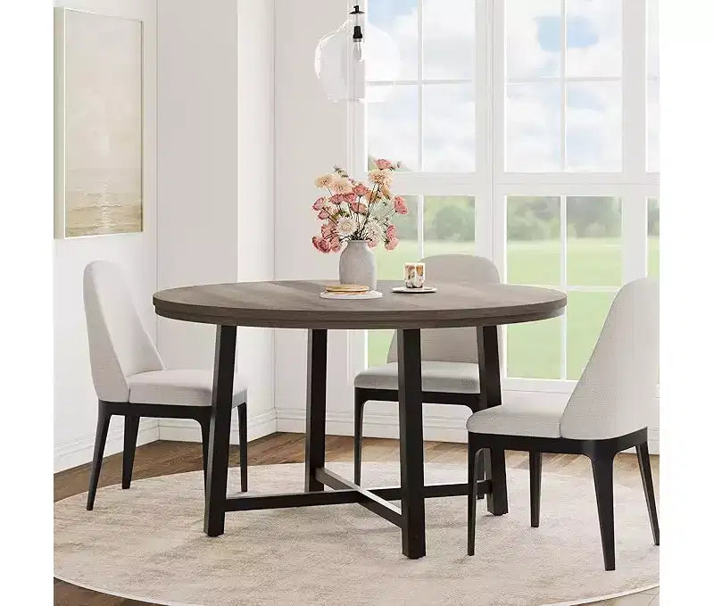 Round Dining Table for 4-47 Wood Circle Dinner Table with Metal Frame, Farmhouse Kitchen Dining Room Furniture for Home