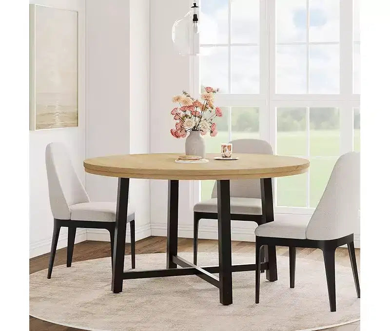 Round Dining Table for 4-47 Wood Circle Dinner Table with Metal Frame, Farmhouse Kitchen Dining Room Furniture for Home
