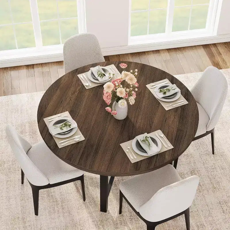 Round Dining Table for 4-47 Wood Circle Dinner Table with Metal Frame, Farmhouse Kitchen Dining Room Furniture for Home