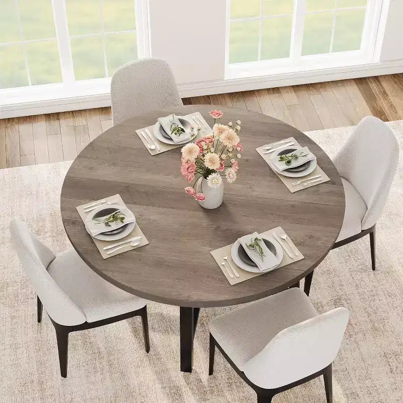 Round Dining Table for 4-47 Wood Circle Dinner Table with Metal Frame, Farmhouse Kitchen Dining Room Furniture for Home