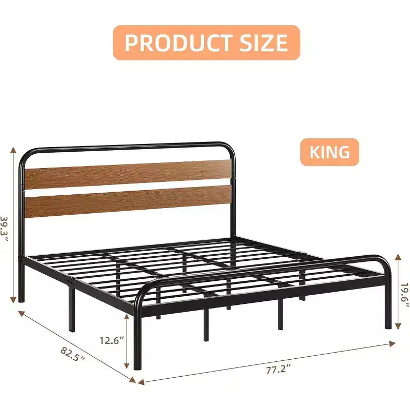 Mid-Century Modern King Bed Frame, Metal Platform with Wood Tone Headboard, No Box Spring Needed Quiet Design for Bedroom,Brown
