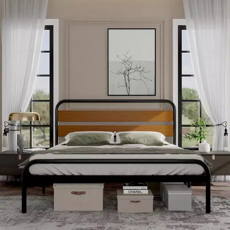 Mid-Century Modern King Bed Frame, Metal Platform with Wood Tone Headboard, No Box Spring Needed Quiet Design for Bedroom,Brown