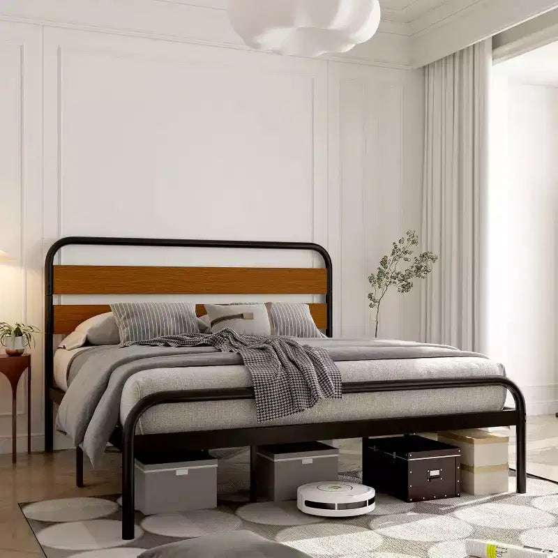 Mid-Century Modern King Bed Frame, Metal Platform with Wood Tone Headboard, No Box Spring Needed Quiet Design for Bedroom,Brown
