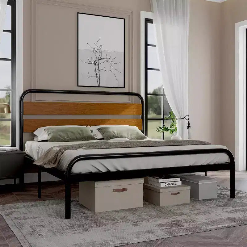 Mid-Century Modern King Bed Frame, Metal Platform with Wood Tone Headboard, No Box Spring Needed Quiet Design for Bedroom,Brown