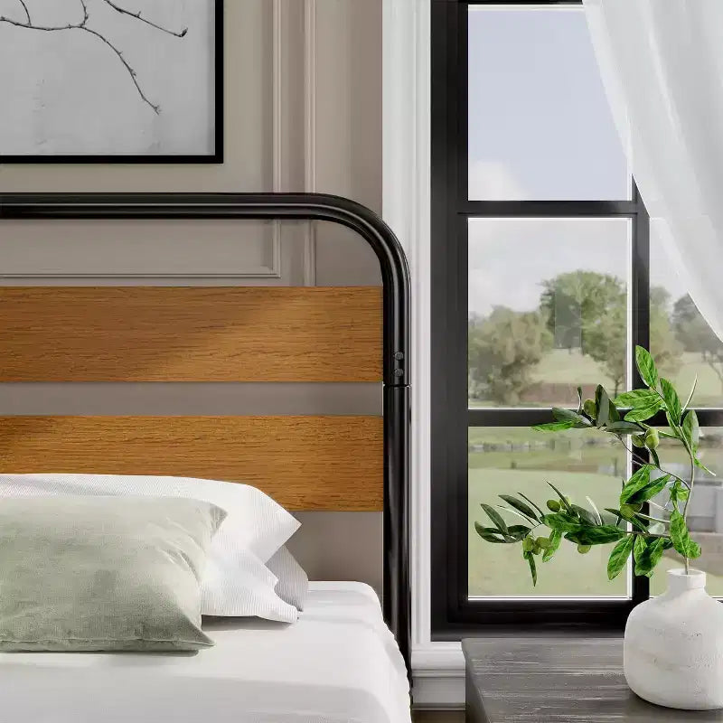 Mid-Century Modern King Bed Frame, Metal Platform with Wood Tone Headboard, No Box Spring Needed Quiet Design for Bedroom,Brown