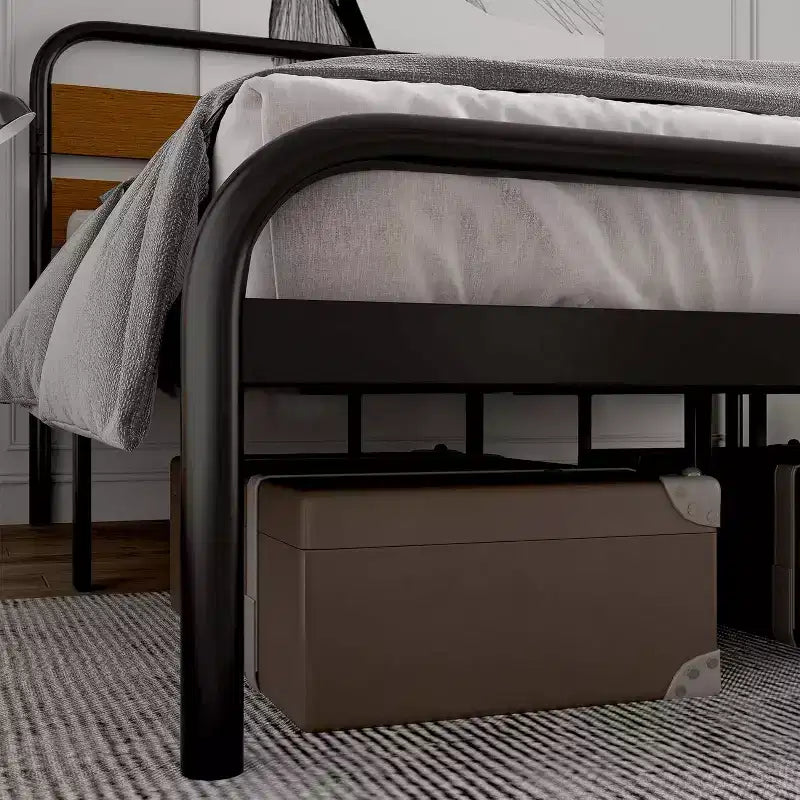 Mid-Century Modern King Bed Frame, Metal Platform with Wood Tone Headboard, No Box Spring Needed Quiet Design for Bedroom,Brown