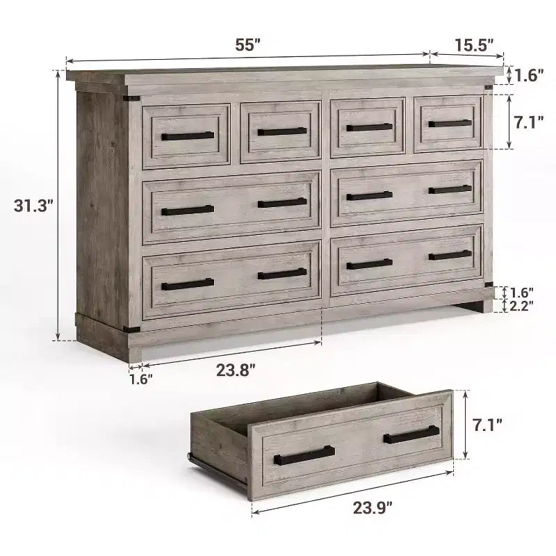 Farmhouse 8 Drawer Dresser, Rustic Wood Chest Organizer for Bedroom, Closet, Living Room, Hallway
